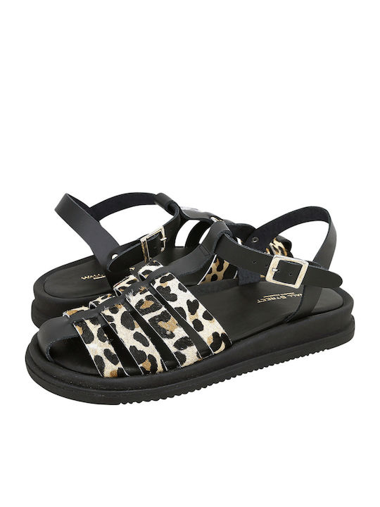 Leather Women's Flat Sandals in Black Color