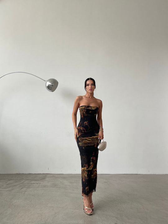 Καλοκαιρινό Maxi Βραδινό Φόρεμα Strapless με Τούλι Καφέ