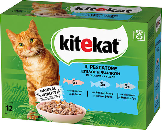 Kitekat Nassfutter für Katzen in Beutel mit Fisch, Lachs und Kabeljau 12x85gr