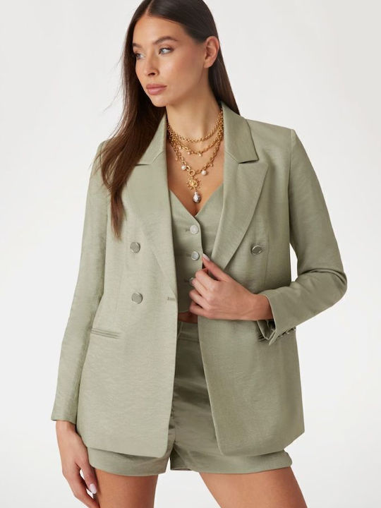 Guess Long Women's Double Breasted Blazer Light Green