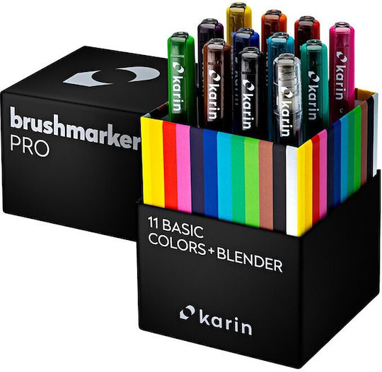 Karin Σετ Μαρκαδόρων Νερού Brushmarker Pro 11 Basic Colors + Blender