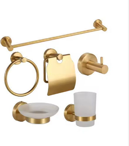 Set de accesorii pentru baie din metal auriu, montat pe perete