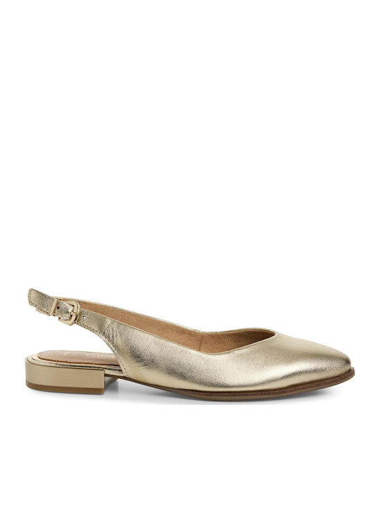 Δερμάτινες Γυναικείες Μπαλαρίνες Slingback με Λουράκι σε Χρυσό Χρώμα