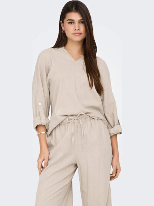 Women's Summer Blouse Linen Long Sleeve Beige