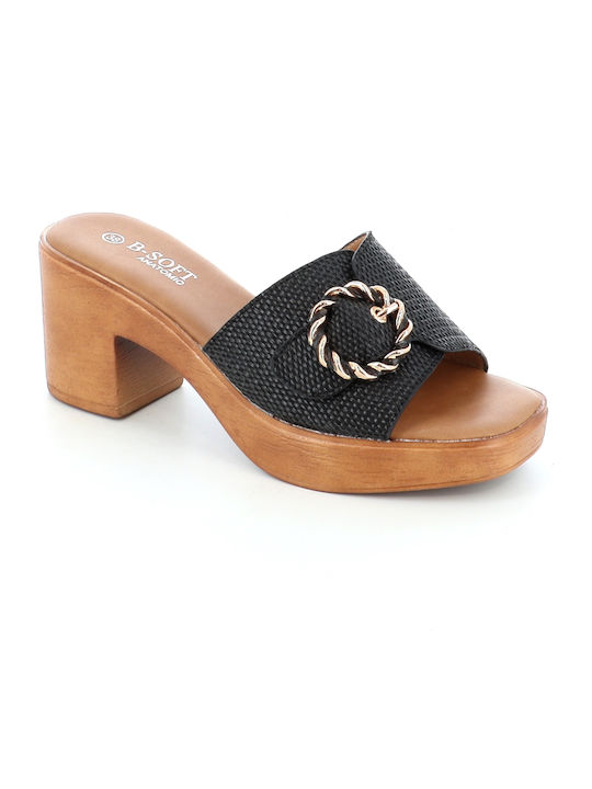 B-Soft Mules με Χοντρό Ψηλό Τακούνι σε Μαύρο Χρώμα