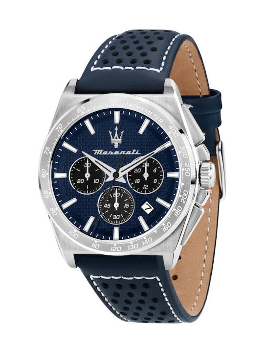 Maserati Ανδρικό Ρολόι 43mm Χρονογράφος Μπαταρίας με Μπλε Δερμάτινο Λουράκι