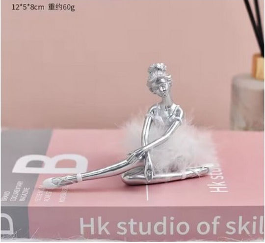 Balerină Decorativă din Metal Argintiu cu Pene Roz 5x8x12cm Etoile Tr-153