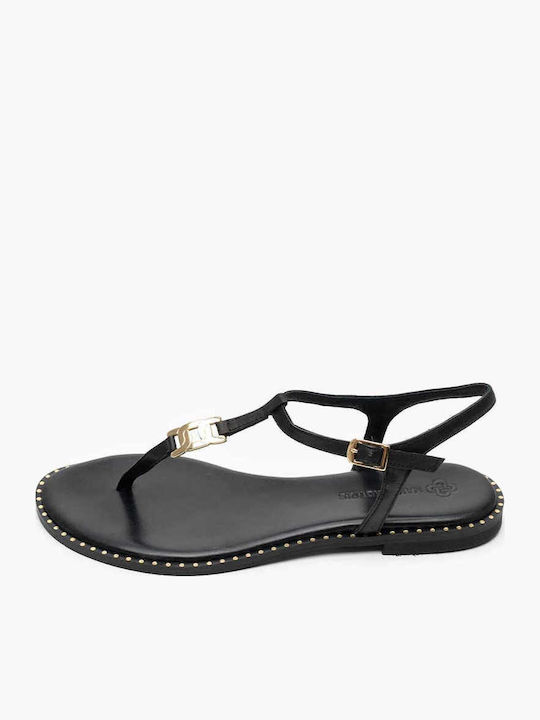 Leather Women's Flat Sandals in Black Color