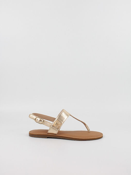 Leather Women's Flat Sandals with Strap in Gold Color