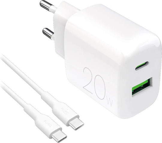 Puro Φορτιστής με Θύρα USB-A και Θύρα USB-C και Καλώδιο USB-C - USB-C 20W Λευκός (Prolite)