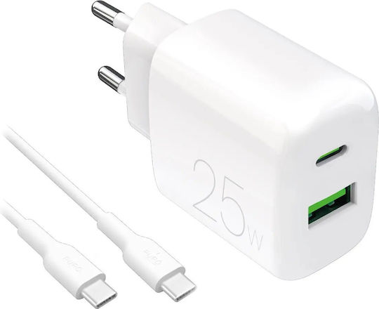 Puro Φορτιστής με Θύρα USB-A και Θύρα USB-C και Καλώδιο USB-C - USB-C 25W Λευκός (Prolite)