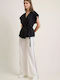 Women's High-waisted Fabric Trousers with Elastic Regular Fit Striped White