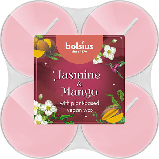 Bolsius Teelichter Vegan Wachs mit Duft Jasmin & Mango in Rosa Farbe 8 Stunden Dauer 8 Stück