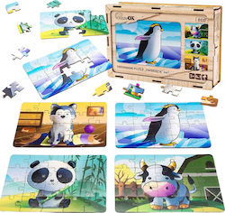 Puzzleok Wooden Puzzle 4 in 1 Animals Puzzle Set Cow Dog Panda Penguin