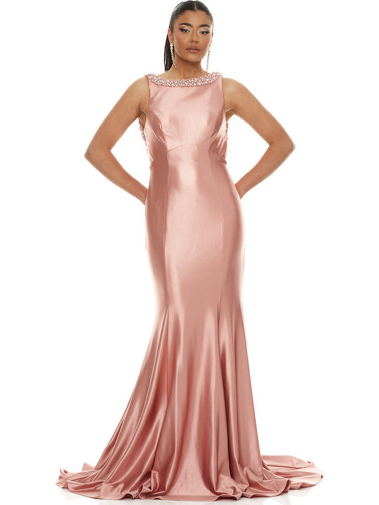 Maxi Dress for Wedding - Christening Satin Open Back Pink