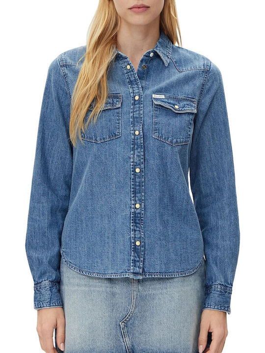 Mânecă lungă Femei Denim Cămașă Mid Wash
