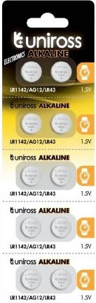 Uniross Alkaline Coin LR1142 AG12 LR43 Battery 10 Pack
