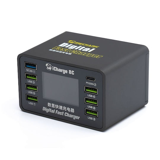Mechanic Ladestation mit 7 USB-A Anschlüsse und USB-C Anschluss Stromlieferung / Schnellaufladung 3.0 in Schwarz Farbe (MECHANIC iCharge)