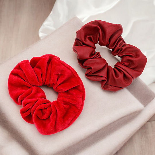 Scrunchie Mαλλιών Βυσσινί Δερματίνη & Βελουτέ 2τμχ 4omo218