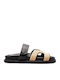 Leather Women's Flat Sandals Black Raffia