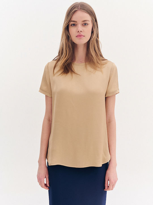 Women's Blouse Satin Short Sleeve Beige