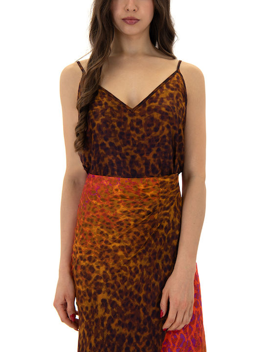 MY T Women's Crop Top Satin Sleeveless Animal Print Brown, Purple