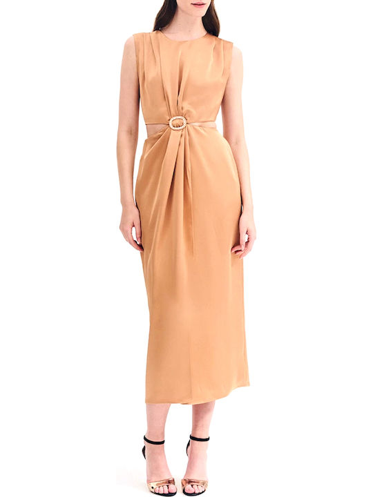 Summer Midi Evening Satin Dress with Tearing Bronze