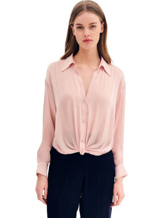 Langärmelig Damen Satin,σατεν Hemd Pink