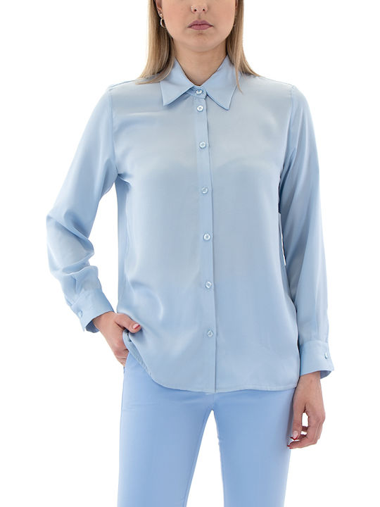 Langärmelig Damen Satin,σατεν Hemd Ciell