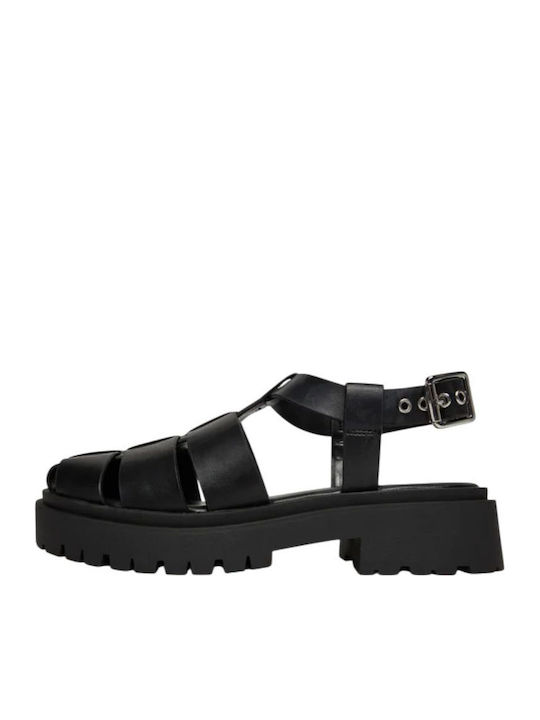 Leather Women's Flat Sandals in Black Color