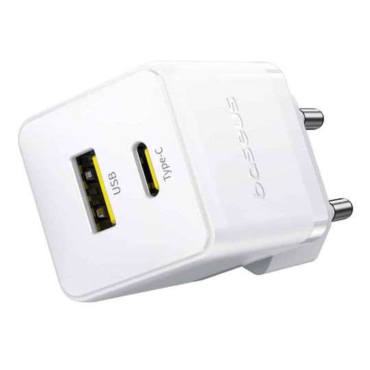 Baseus Mobile Phone Charger With USB-A Output Port And USB-C Output Port And USB-C - USB-C Cable 20W Quick Charge 3.0 White Palm