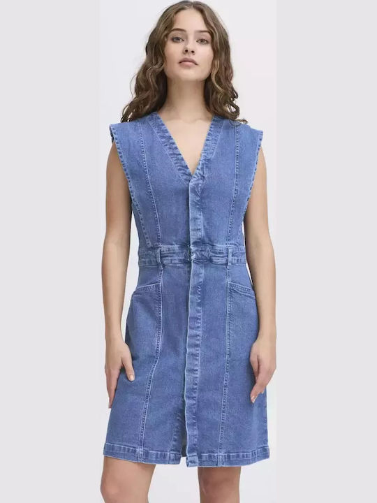 Sommer Mini Denim Kleid Waschig Mittelblau