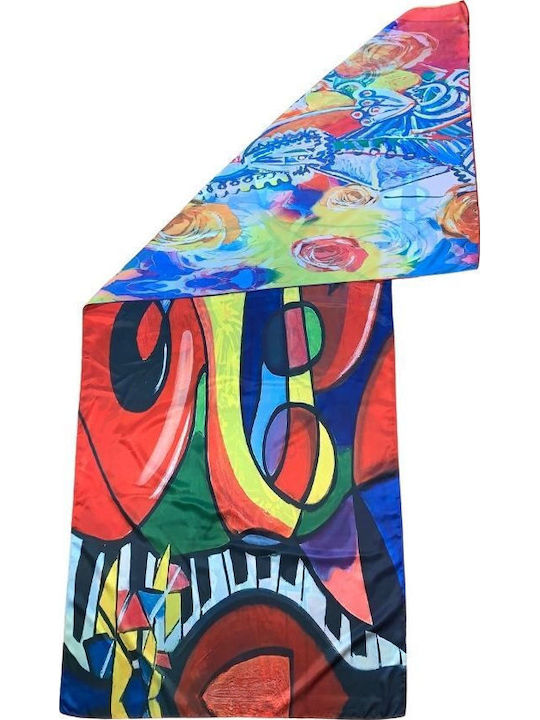 Eșarfă pictată dublă P2 Dacali mătase roșu galben 180x70cm