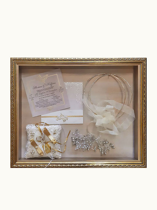 Wall-Mounted Rectangle Wedding Crown Case / Photo Frame Wooden Gold 50x40cm
