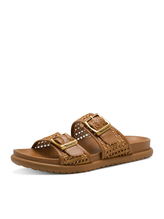 Leather Women's Flat Sandals Tabac Brown