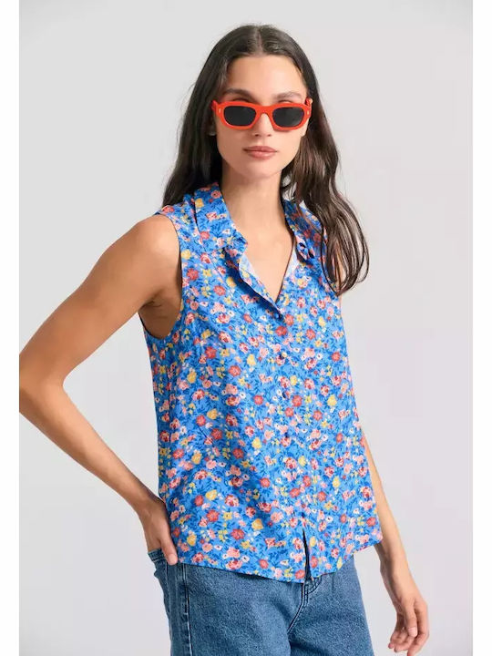 Women's Floral Sleeveless Shirt Blue