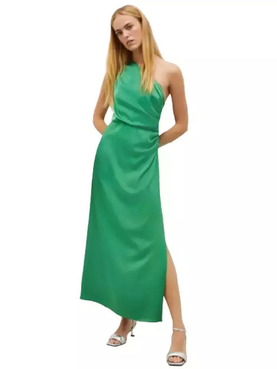 Maxi Evening Satin Dress with Tearing Green