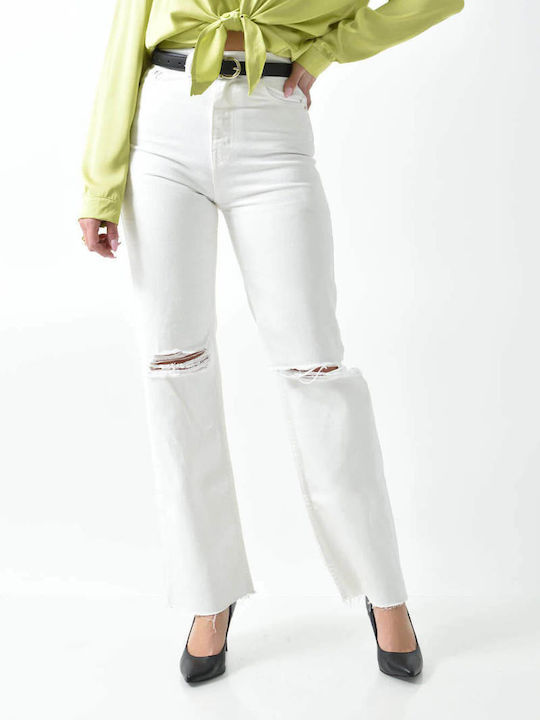 Hoch tailliert Damenjeans mit Rissen in Schlanker Passform White