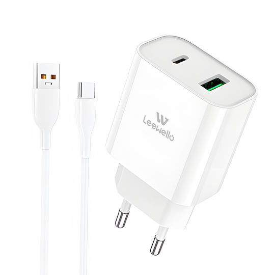 Leewello Încărcător cu Port USB-A și Port USB-C și Cablu USB-C 20W Livrarea energiei / Quick Charge 3.0 Albς (LW-330)