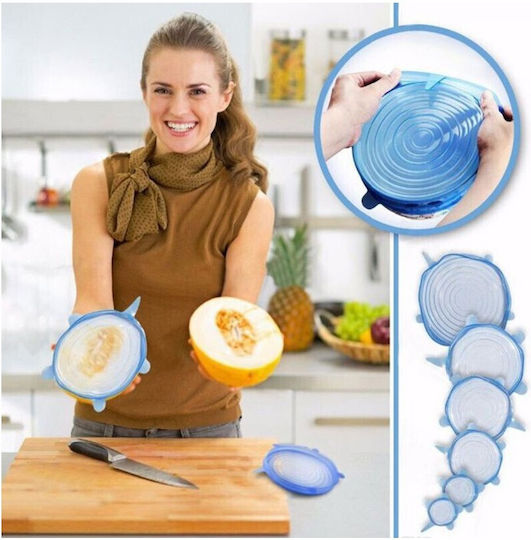 Set of 6 Reusable Elastic Silicone Lids Various Sizes Blue