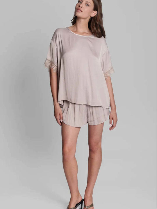 Women's Blouse Satin Short Sleeve Beige 2Pack