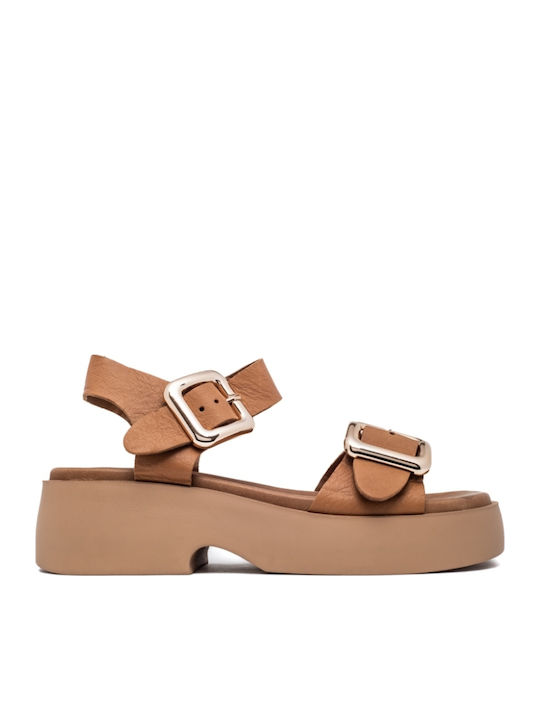 Δερμάτινα Γυναικεία Ανατομικά Σανδάλια Flatforms Καφέ
