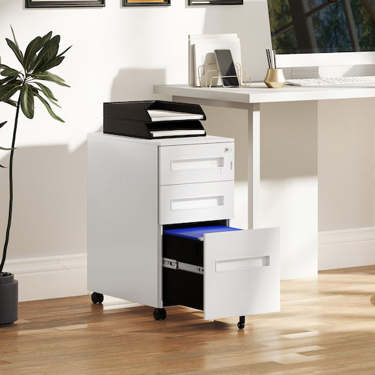 Office Storage Metal Drawer with Wheels, Lock & Drawers White L30xW43.5xH60cm