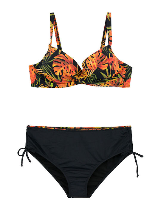 Bikini-Set für Damen in Übergröße mit Bügel, tropisch, schwarz-orange Bikini-Set für Damen in Übergröße mit Bügel, tropisch, schwarz-orange