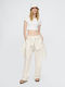 Damen Hoch tailliert Leinen Hose mit Gummizug Gestreift Off White