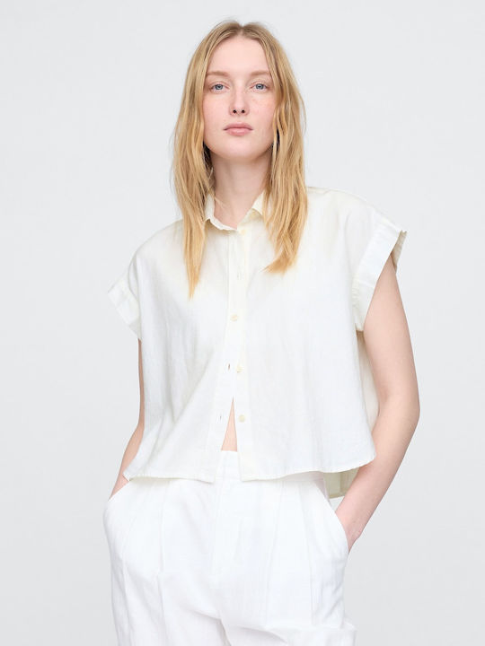 GAP Κοντομάνικο Γυναικείο Λινό Πουκάμισο Off White
