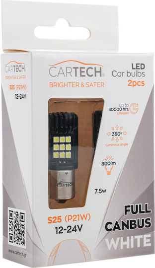 Cartech Λάμπες Αυτοκινήτου S25 / P21W / BA15S Canbus LED 6000K Ψυχρό Λευκό 12-24V 2τμχ