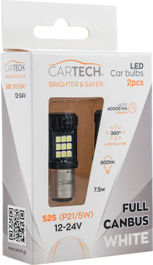 Cartech Λάμπες Αυτοκινήτου S25 / P21/5W Canbus LED 6000K Ψυχρό Λευκό 12-24V 2τμχ