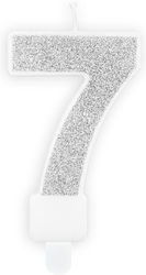 Number Candle 7 White Silver Glitter