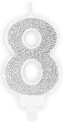 Number 8 Candle White Silver Glitter